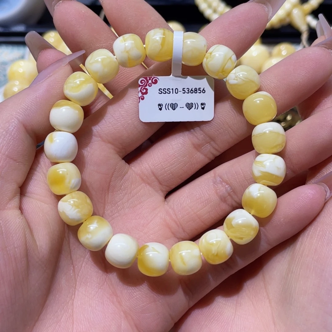 未镶嵌蜜蜡手串10.5mm 金瓷白拉丝溶洞妖花