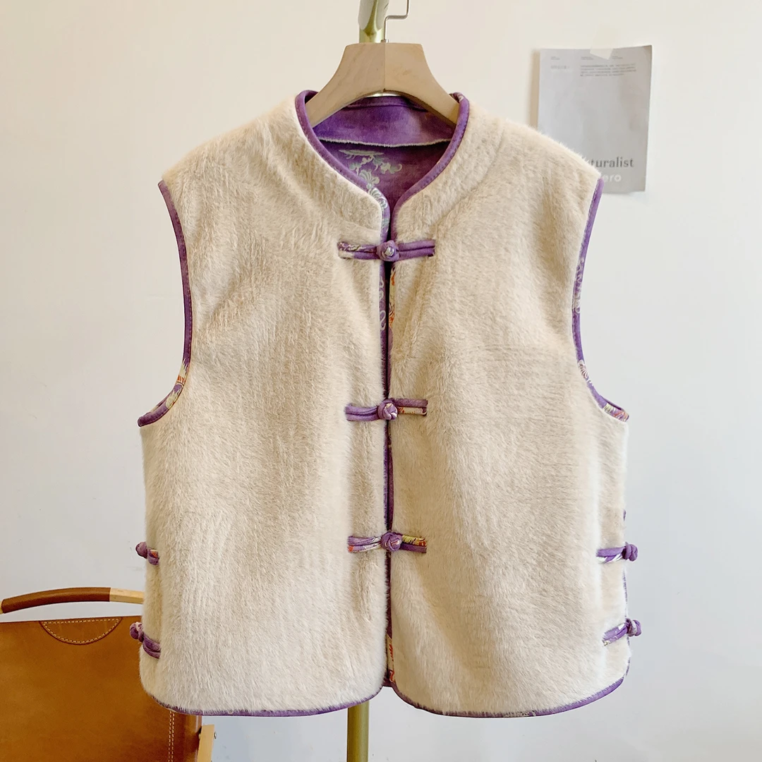 九紫离火C5033印花毛绒拼接盘扣立领开衫马甲