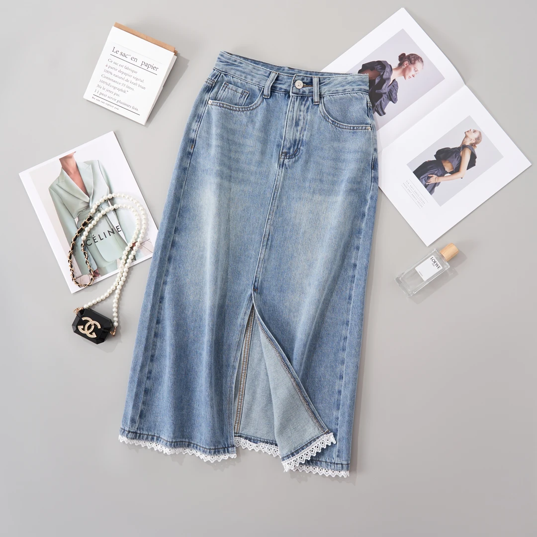 A夏季薄款显瘦牛仔蓝色高腰直筒时尚开叉宽松半身裙女
