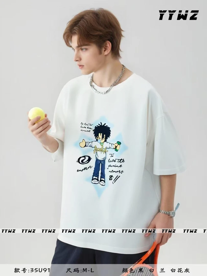 【35U91-黑色】青少年夏季潮品圆领T恤