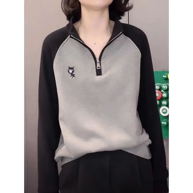 E613双面德绒半拉链立领卫衣秋冬新款时尚百搭刺绣保暖大码打底衫