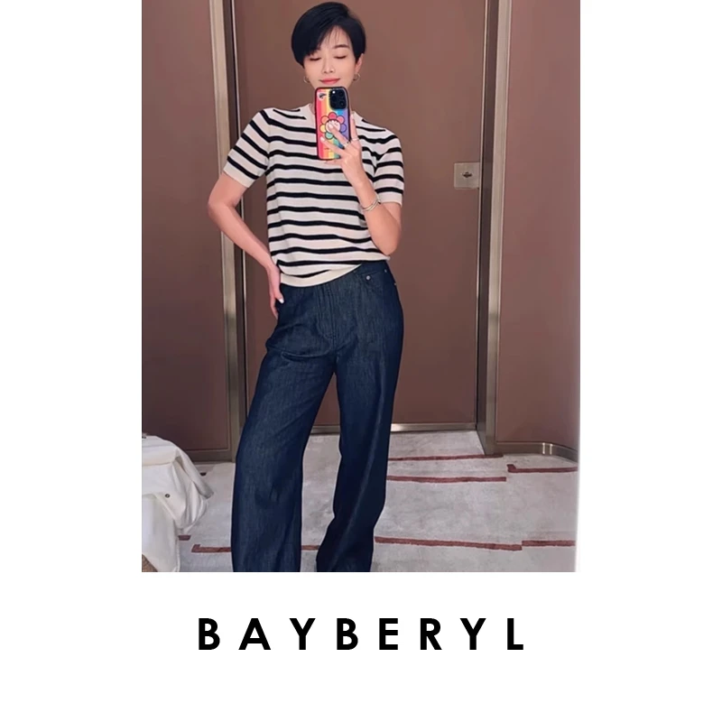 BAYBERYL老贝焕新条纹*拼色圆领羊绒短袖25春针织ZZS5A0401