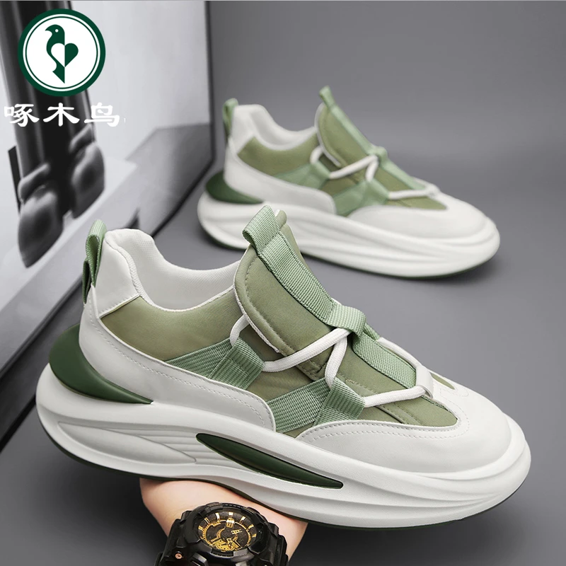 【正品】啄木鸟男鞋冬季透气时尚百搭休闲帆布鞋男士厚底运动老爹鞋