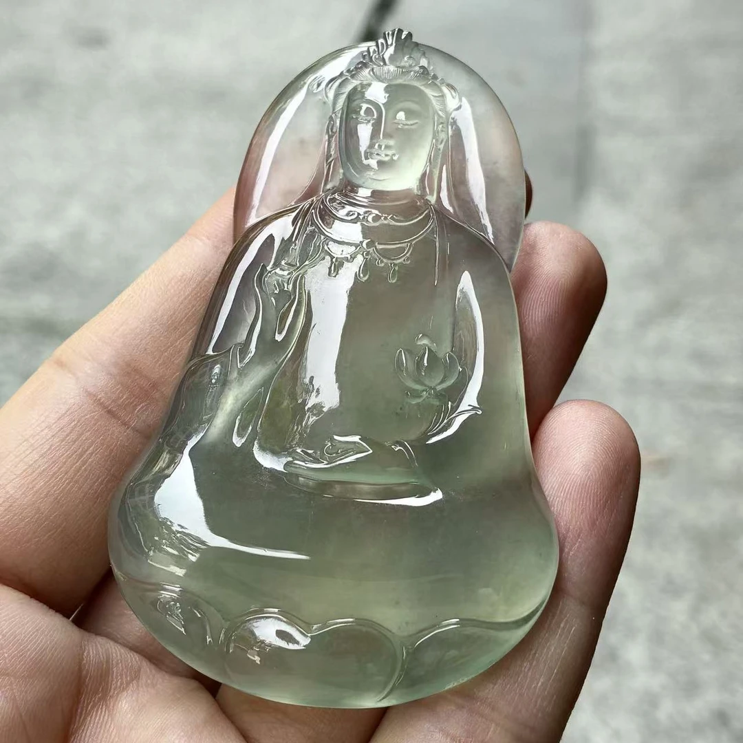 天然a货缅甸翡翠自然光玻璃种晴绿大观音吊坠，尺寸73.1/43.8/6.5
