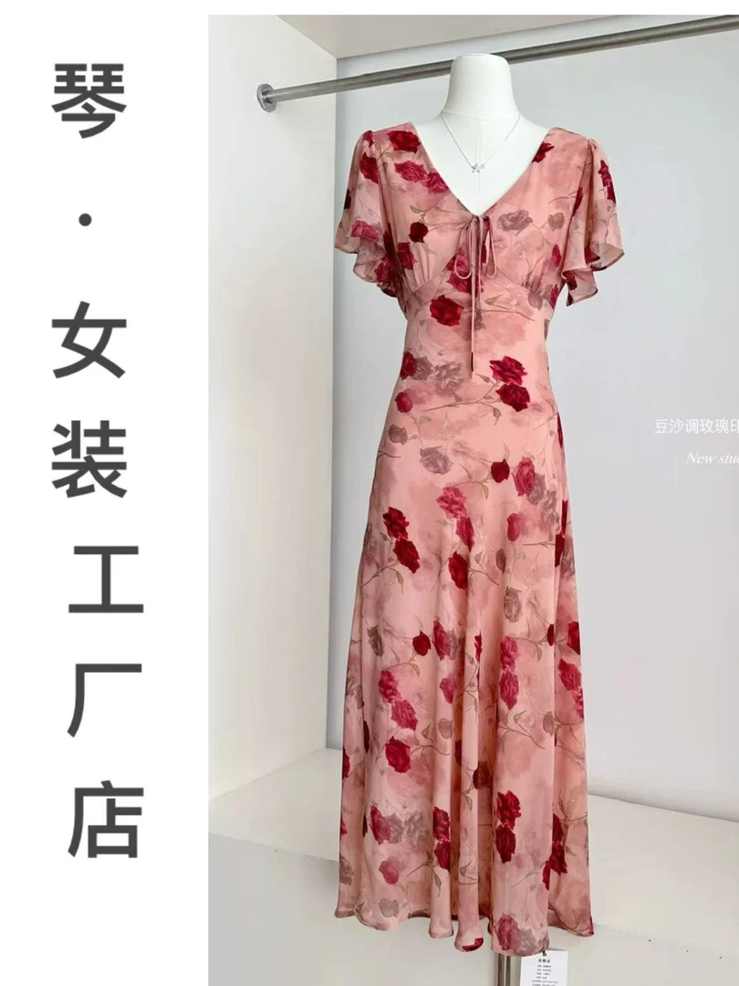 夏季修身v领碎花连衣裙女轻熟风气质出游度假高级感漂亮裙-014