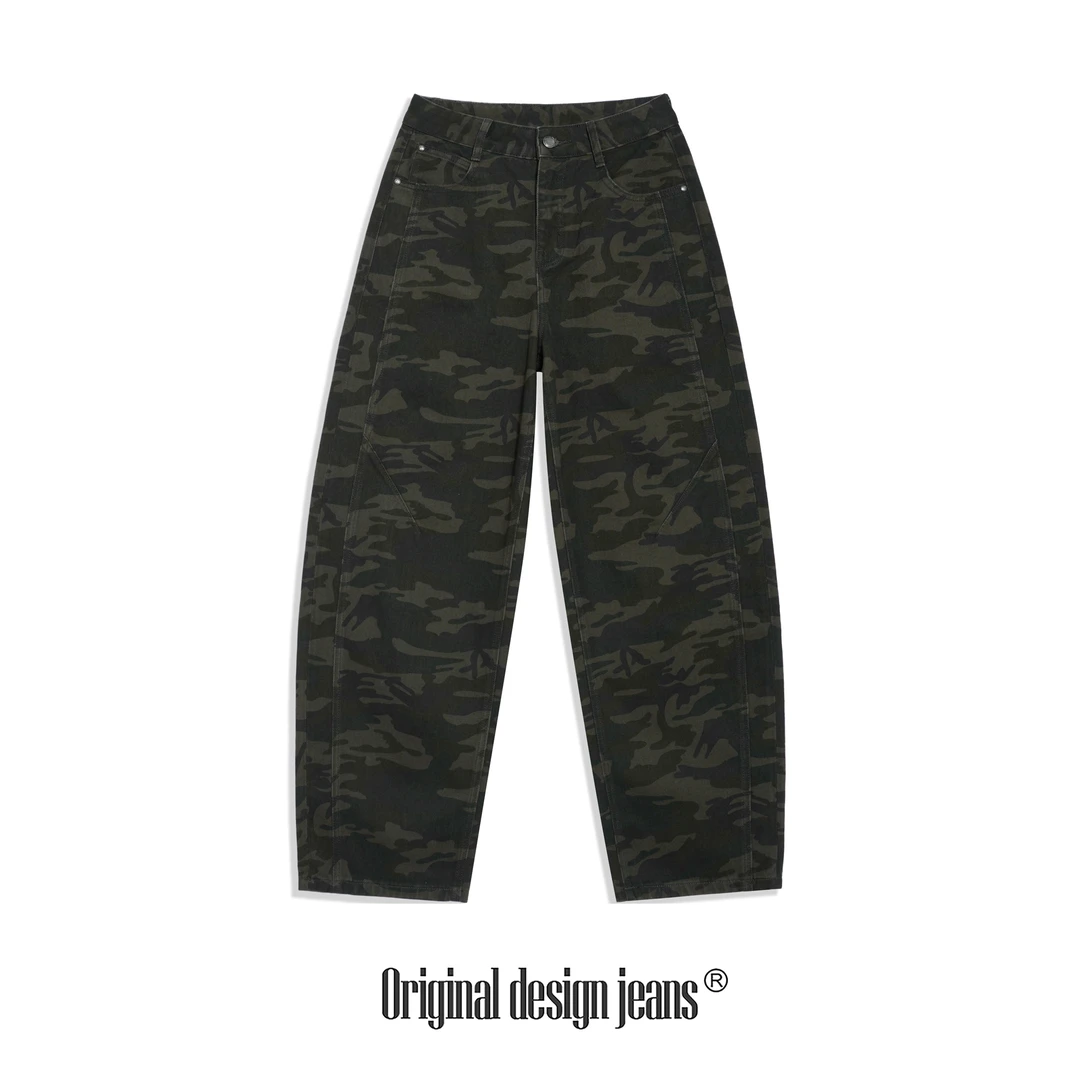 柯比琳“迷彩弯刀”秋季款美式复古街头藏肉弯刀牛仔裤
