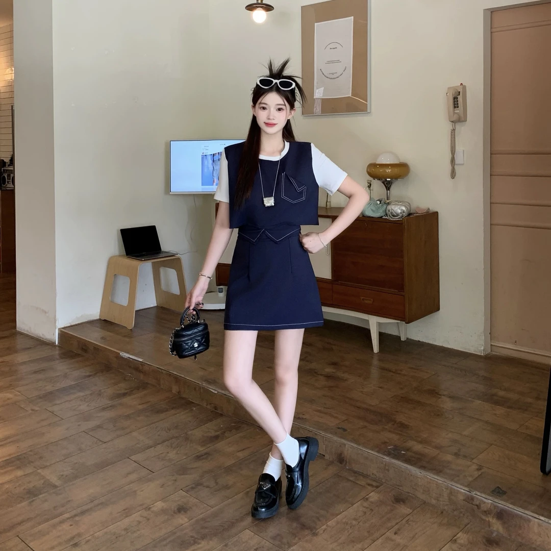 胖mm大码女时尚休闲撞色短袖长短款半身裙套装22499短+22535长