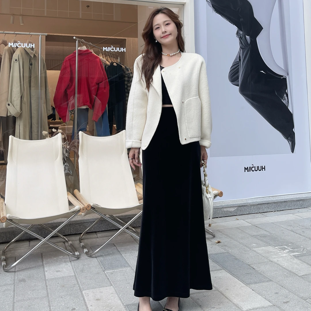 时尚气质鱼尾丝绒高腰显瘦遮肉中长款半身裙秋冬款1801