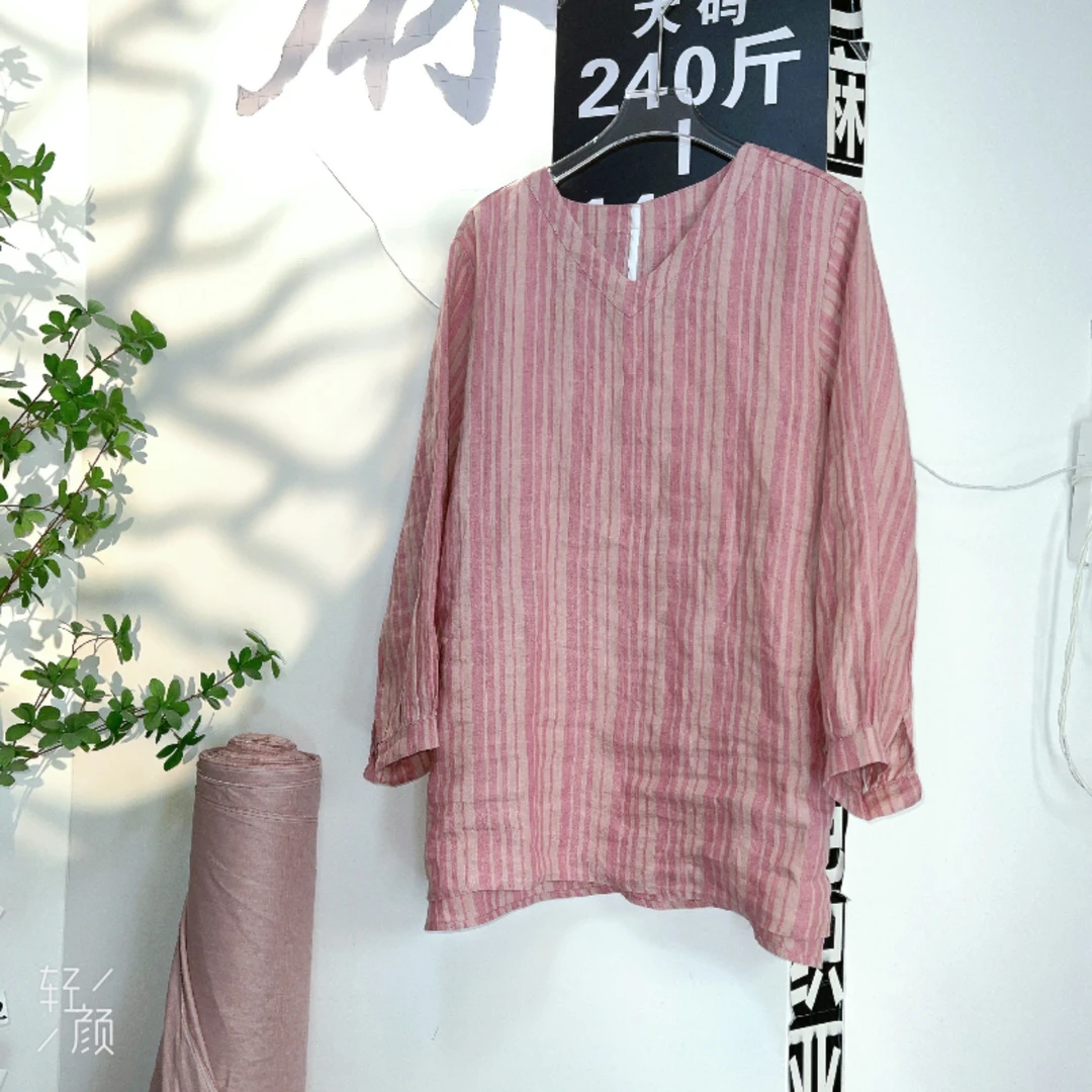 大码140-250斤色织亚麻汉麻v领长袖打底胖妹妹衬衫