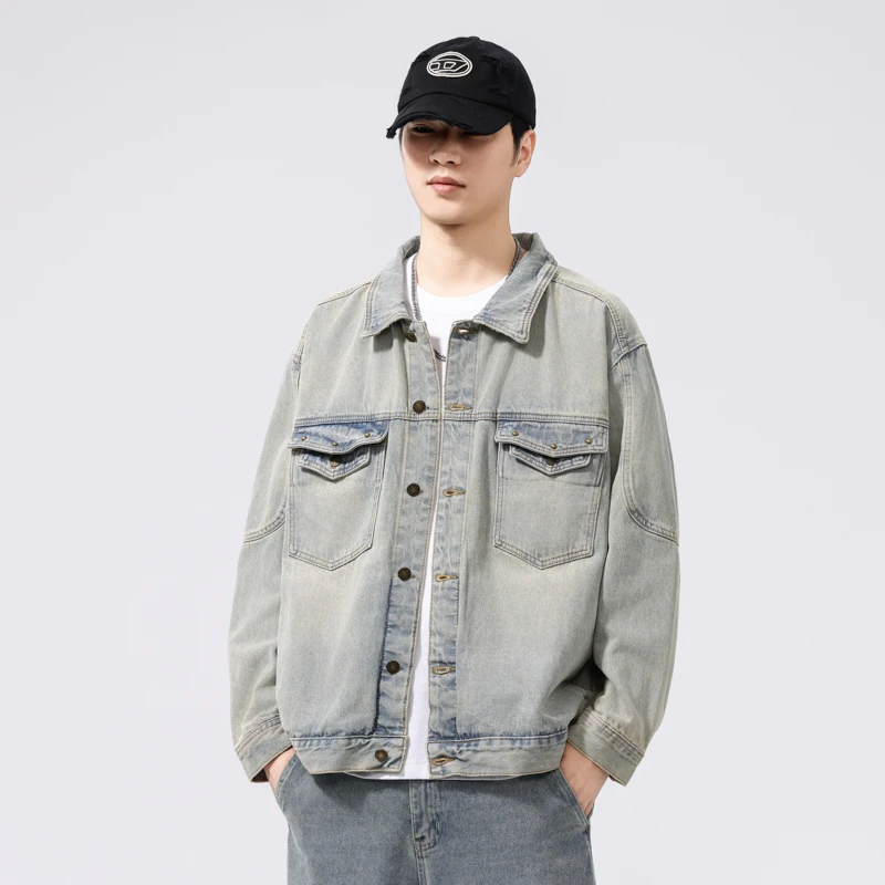 2025春秋新品美式废土风牛仔夹克男复古痞帅水洗做旧立体口袋设计