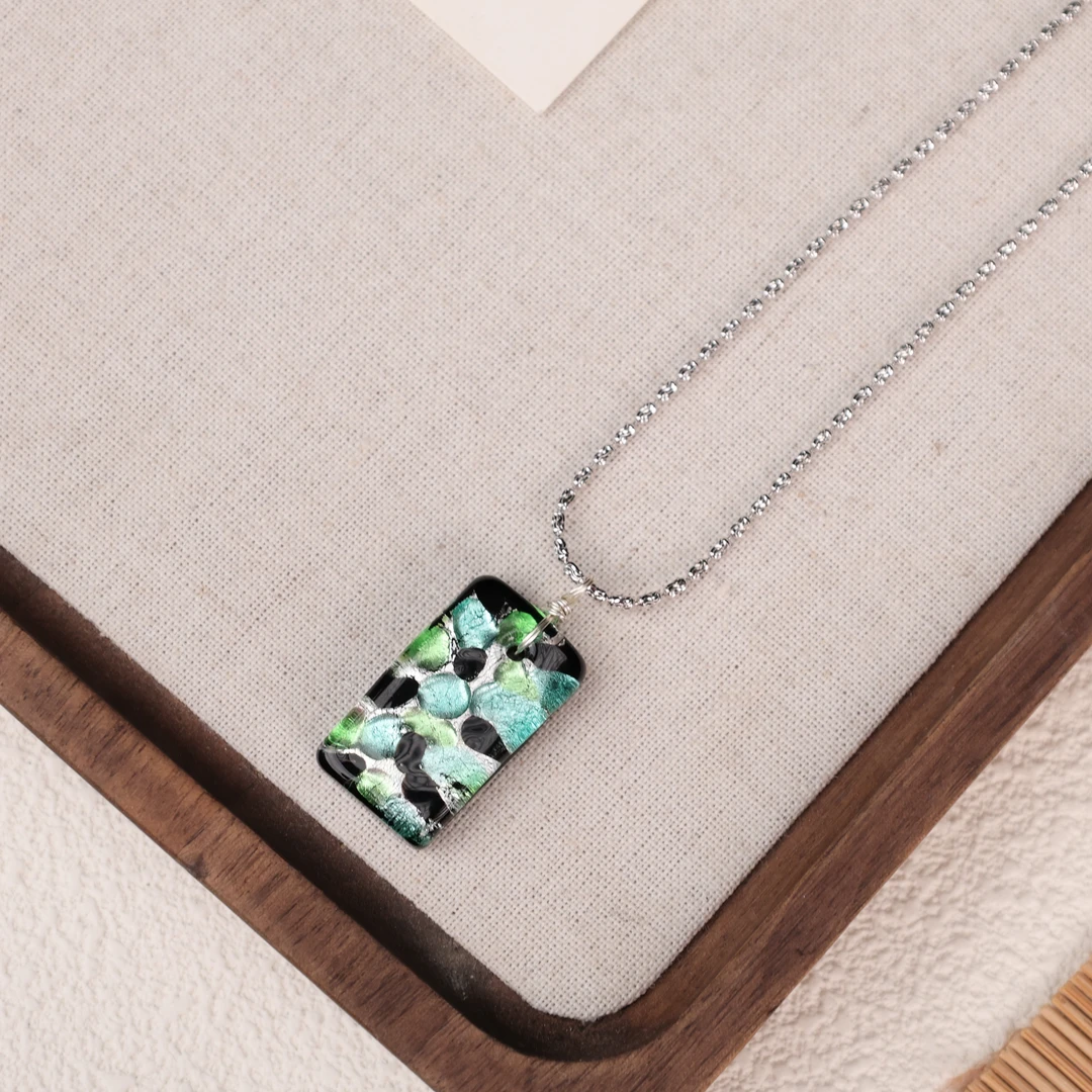 链子925银琉璃 LZ3266 蓝黑方块竹节银链琉璃项链