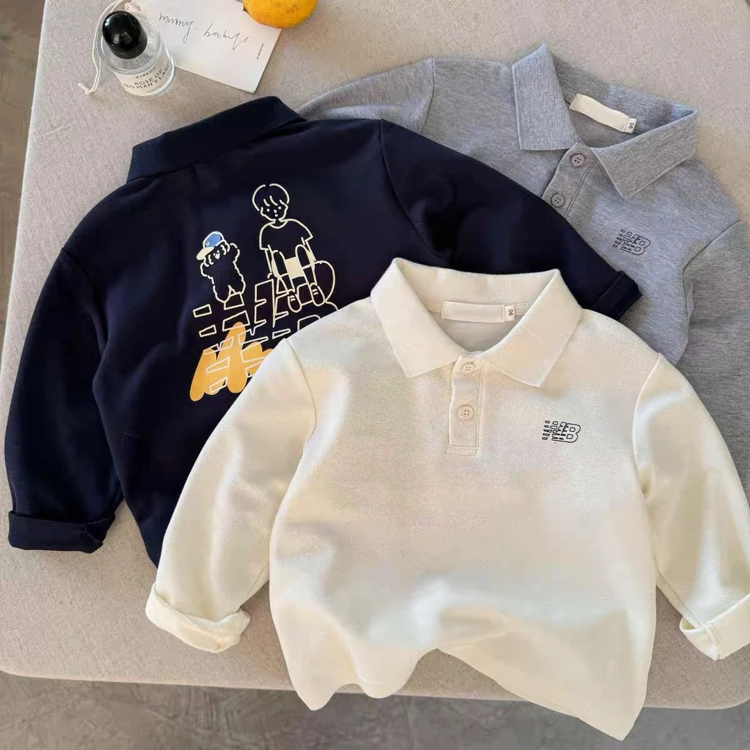 儿童Polo衫2025春款男女童卡通潮牌长袖T恤中小童洋气翻领打底衫