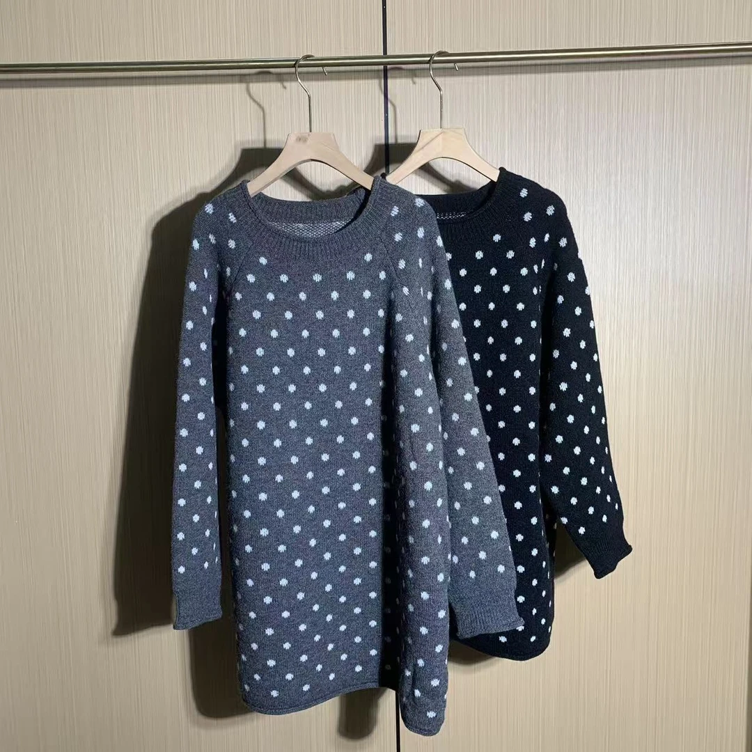 韩系慵懒风圆领波点毛衣女秋冬季新款宽松休闲中长款长袖针织衫潮