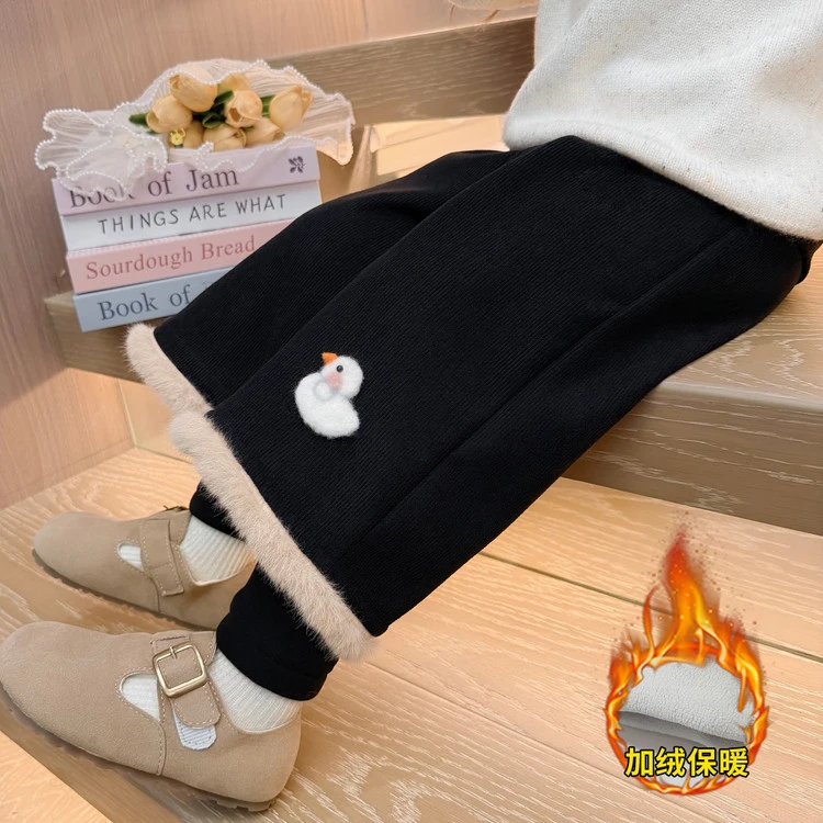 女童冬季加绒裤子儿童新款洋气可爱鸭假两件休闲裤女孩冬款长裤潮