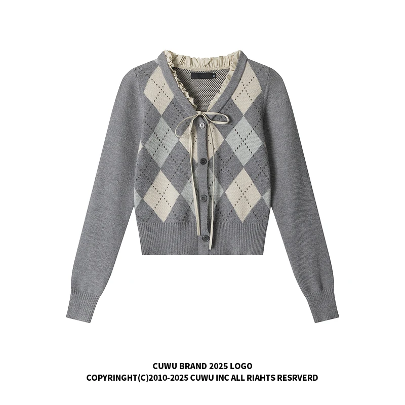cuwu复古菱形格V领开衫毛衣女秋季甜美学院风修身短款针织衫外套