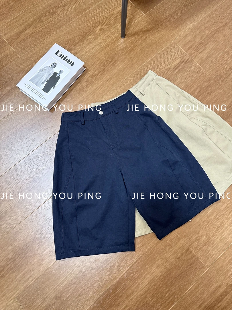 100棉 复古纯色基础款工装立裁休闲气球五分裤W1296