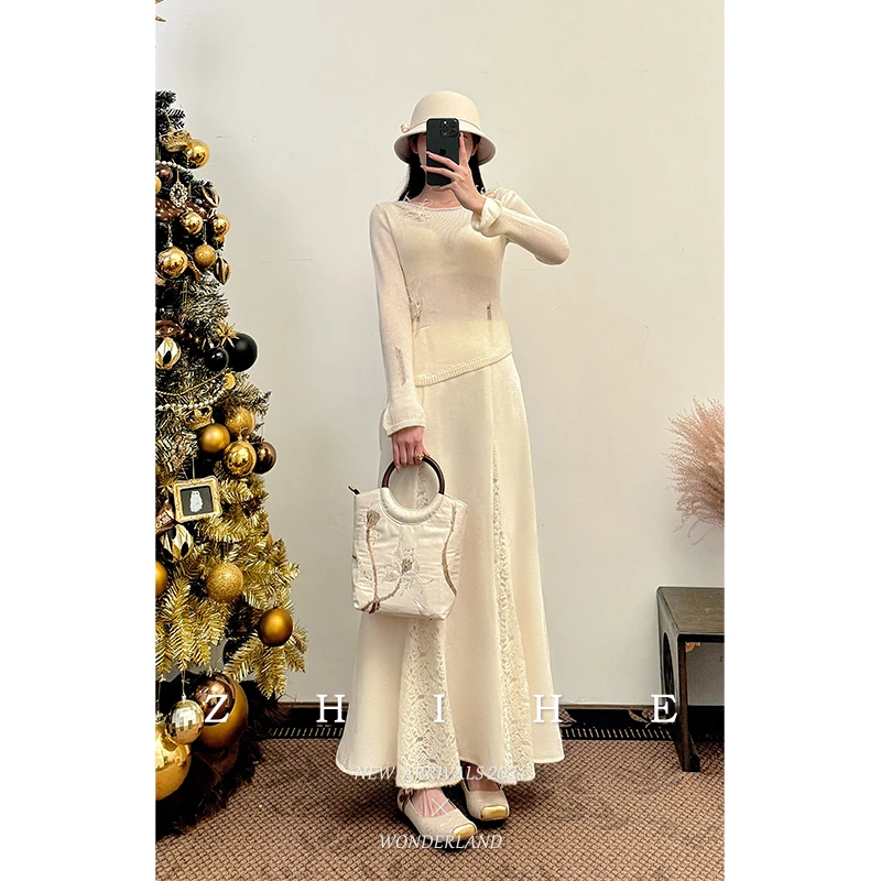至禾Wonderland【独白】静奢原创绵羊毛针织衫+丝绒拼蕾丝半裙