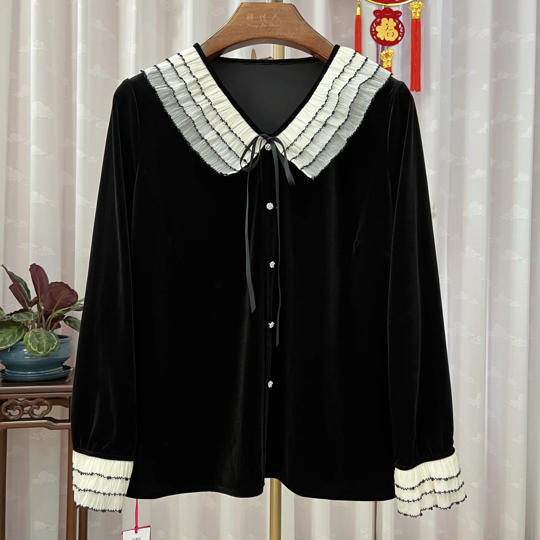 胖人坊娃娃领丝绒小衫4385 衣长68