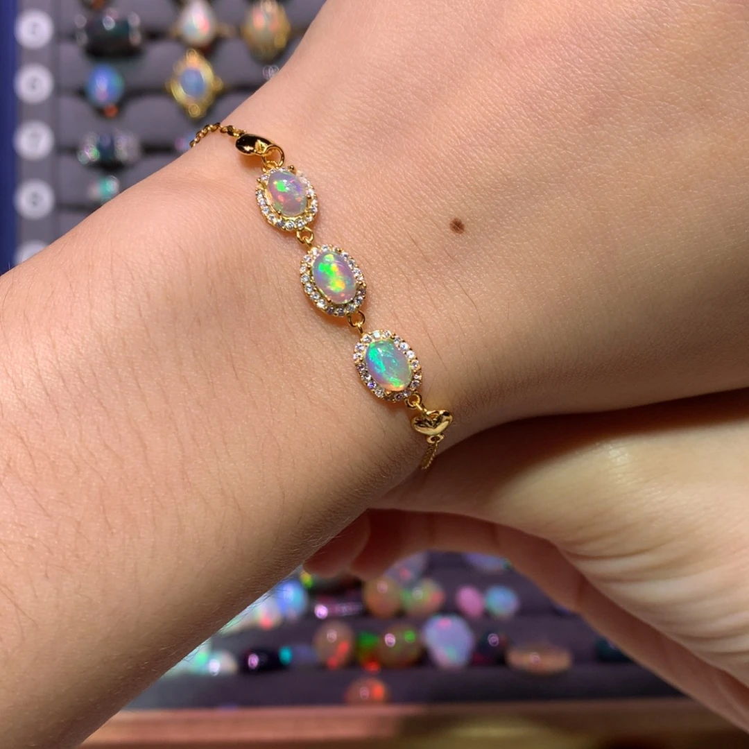 银S925镀金镶嵌欧泊手链裸石镶嵌