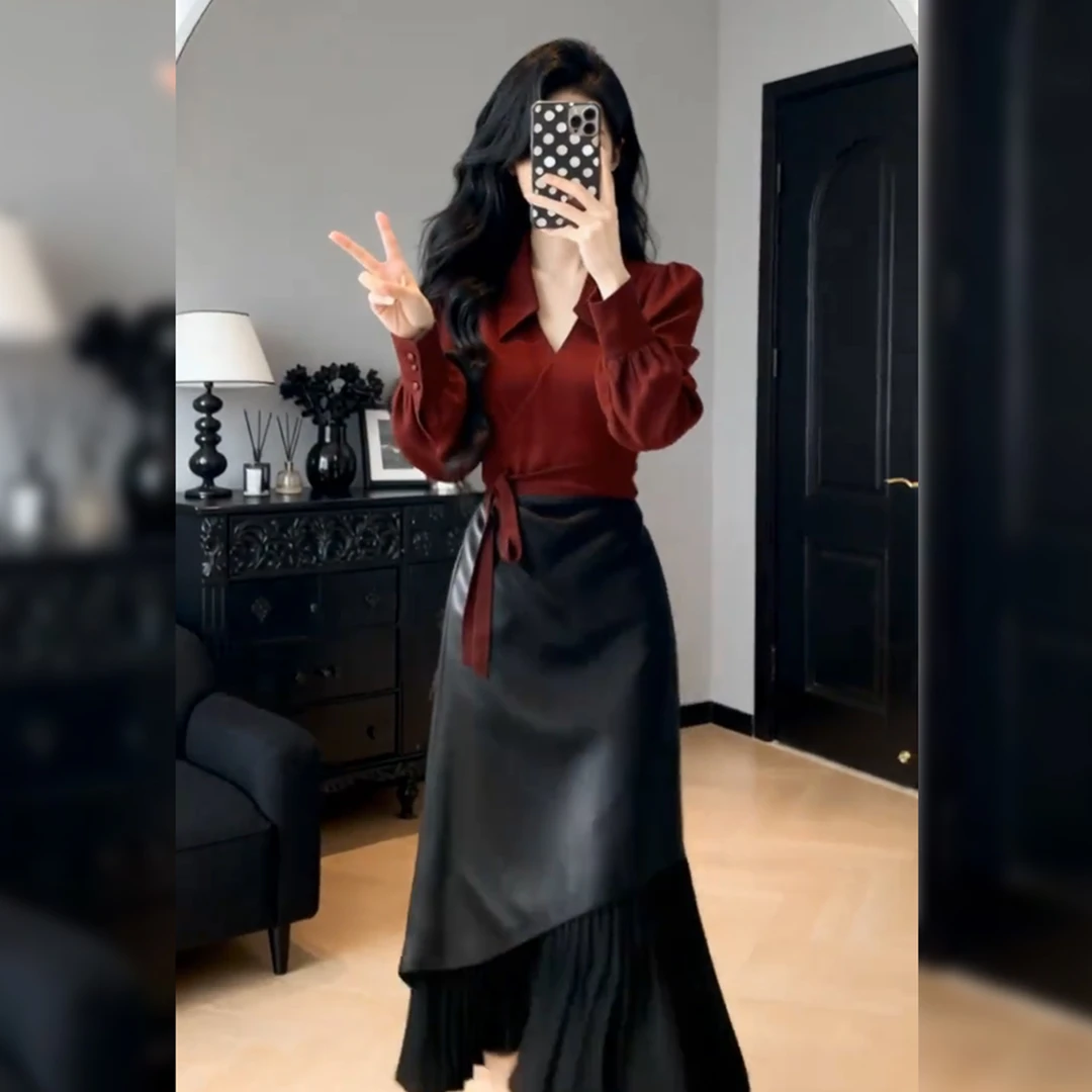 大码胖mm法式休闲气质针织衫不规则皮裙套装女秋冬季时尚减龄上衣