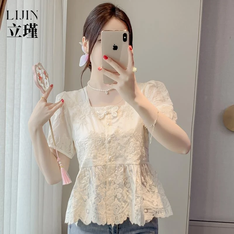 新中式国风盘扣钩花刺绣蕾丝衫女夏季法式方领甜美短袖小上衣