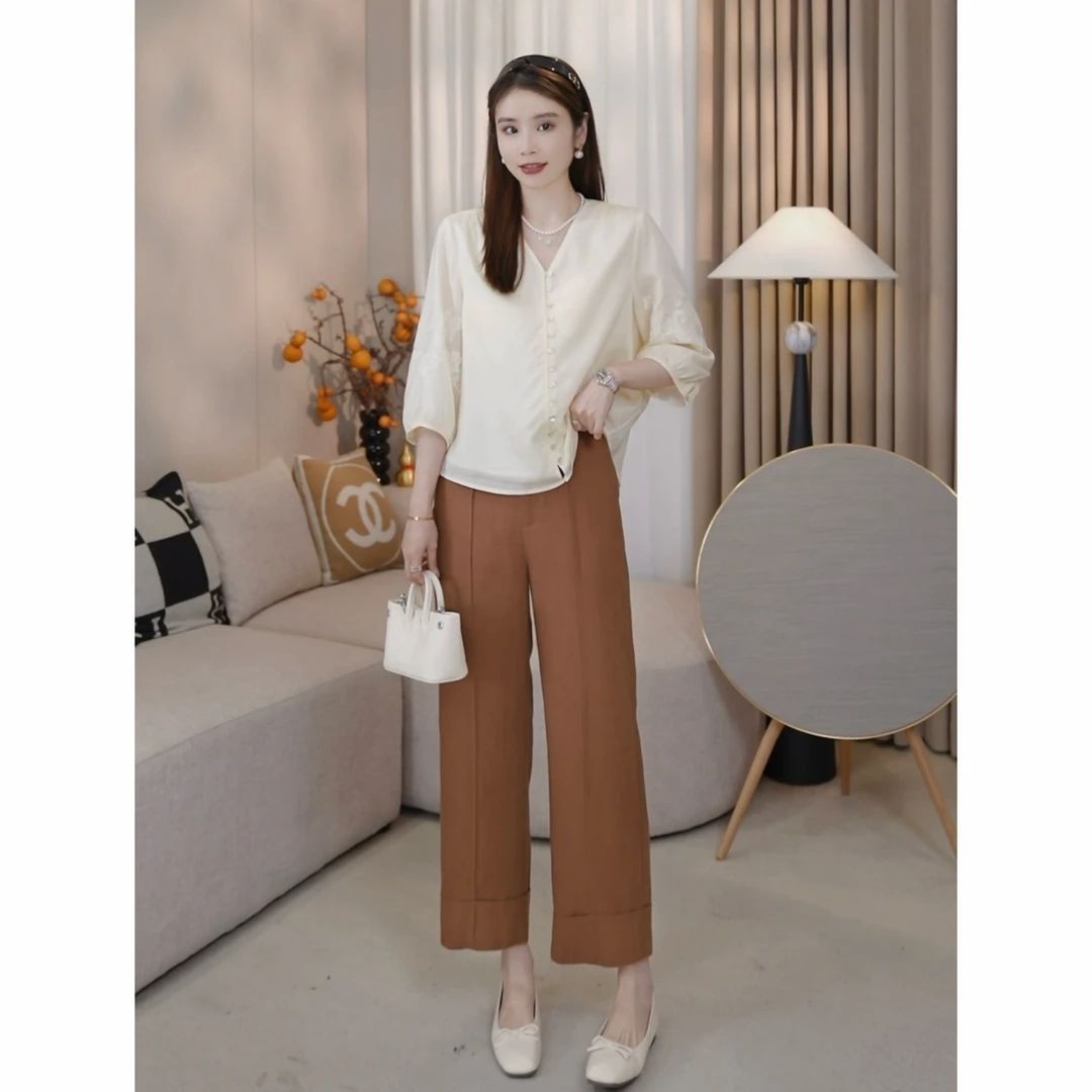 LMENY蝶恋花~天丝亚麻V领七分袖绣花显瘦小衫25BC014