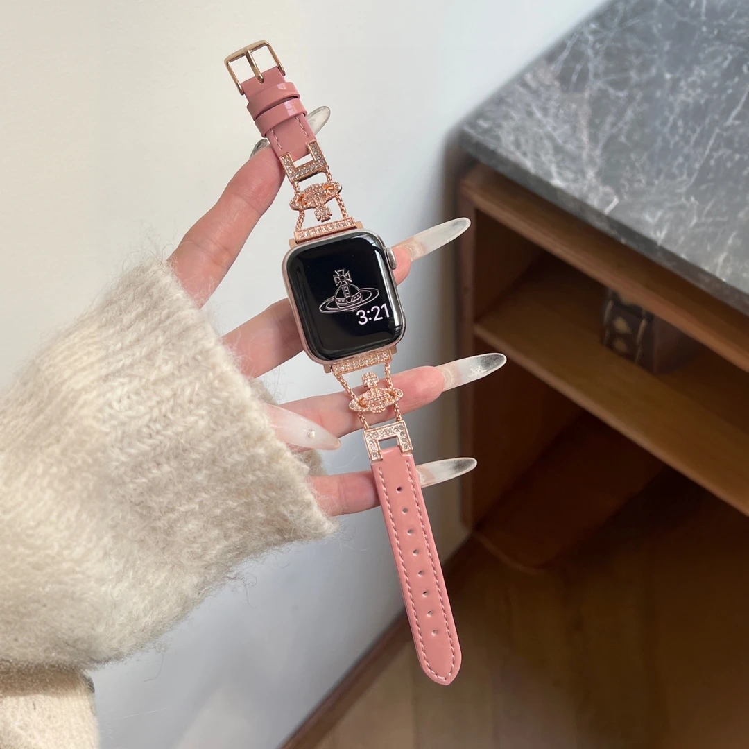 适用S10西太后SE苹果手表applewatchS9表带漆面皮质高级镶钻S8女7