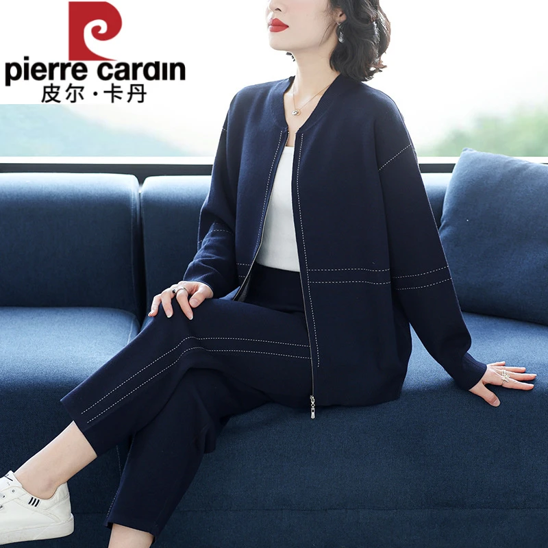 皮尔卡丹圆领拉链开衫套装女春秋新款冰丝针织衫妈妈装气质阔腿裤