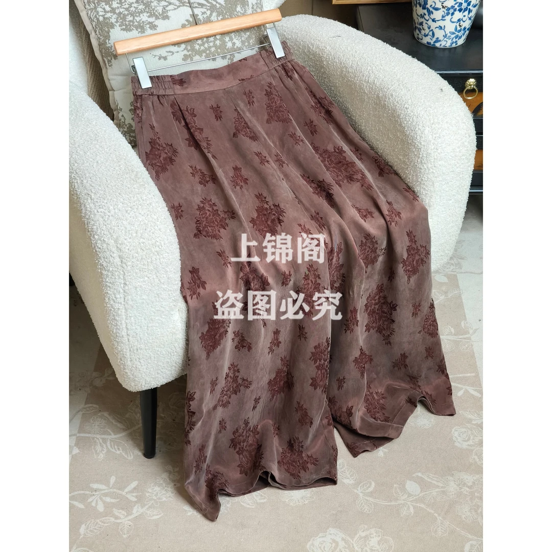 273新中式提花半松紧腰甩裤宽裤子百搭碎花气质女裤复古时尚国风
