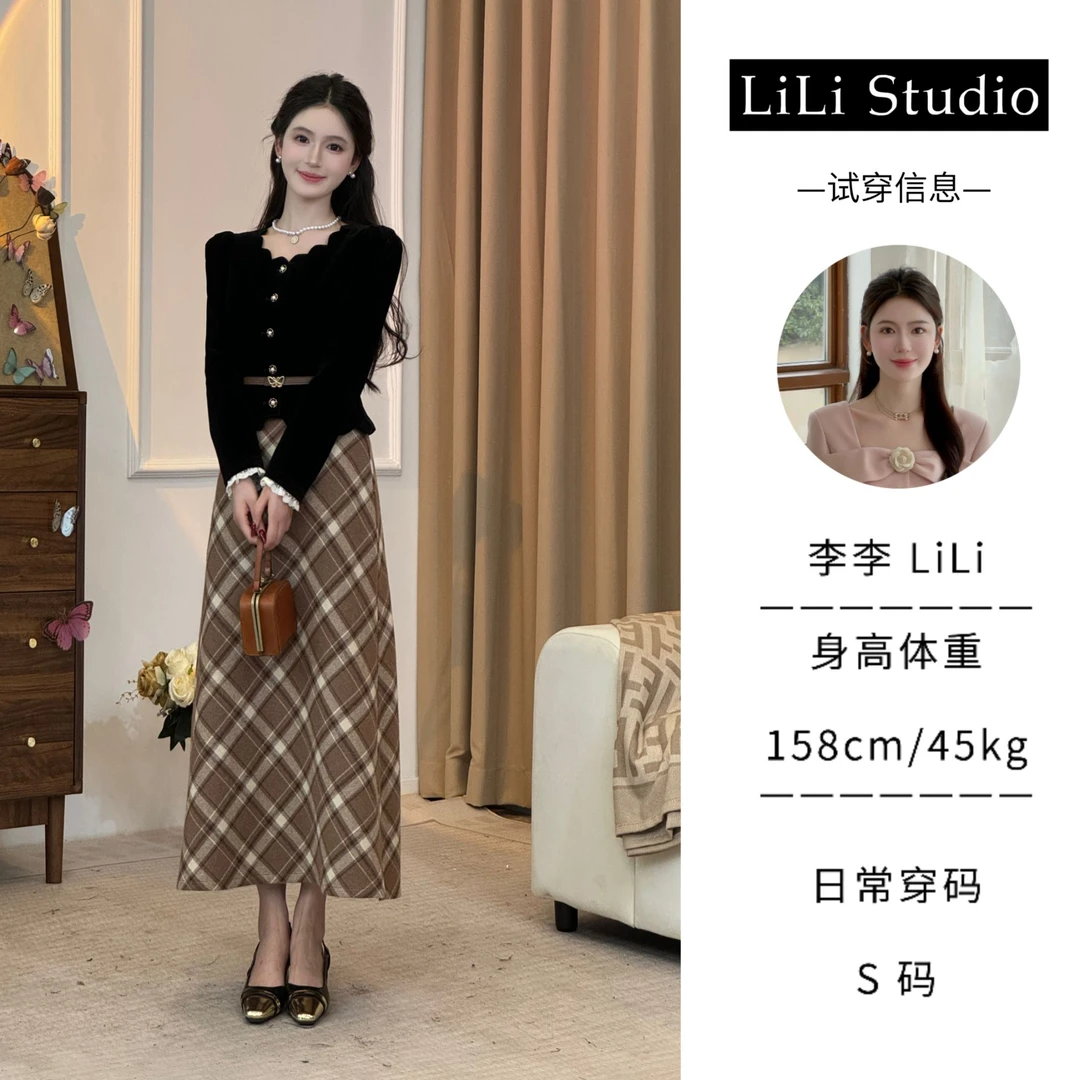 【柏林美术馆】LiLi复古千金赫本风丝绒上衣+格纹半裙XMZH4409