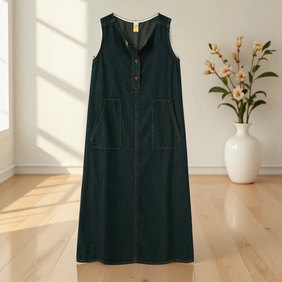 复古长裙无袖牛仔裙连衣裙圆领韩版套头百搭女装背心A字裙中长裙