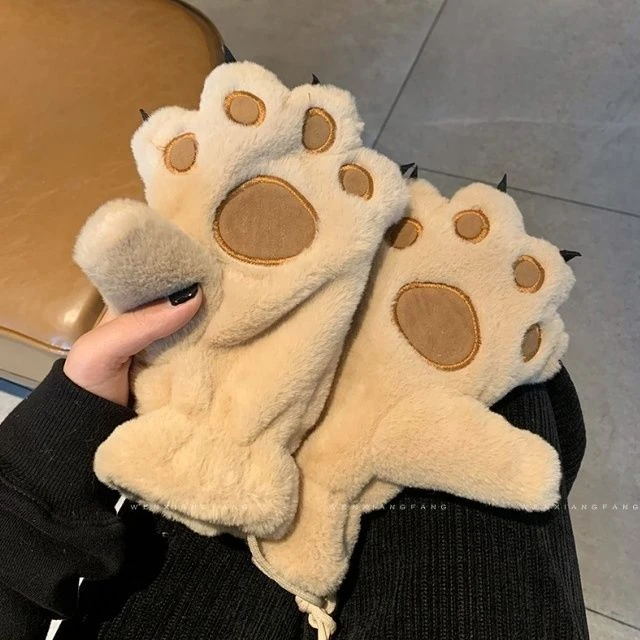 学院风卡通手套秋冬加绒加厚防风保暖休闲毛绒可爱全指挂脖