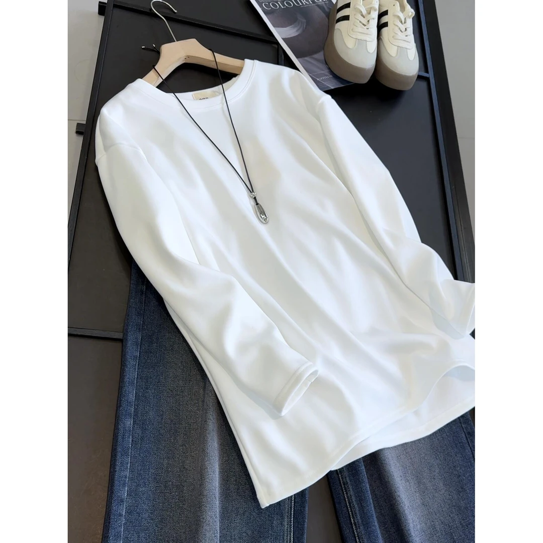 加厚加绒白色圆领宽松长袖T恤百搭打底慵懒风上衣