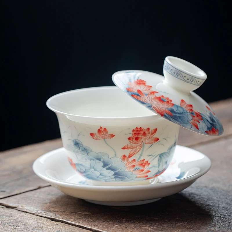 釉里红白瓷荷花茶具高档陶瓷大容量中式瓷盖碗复古简约防烫手工