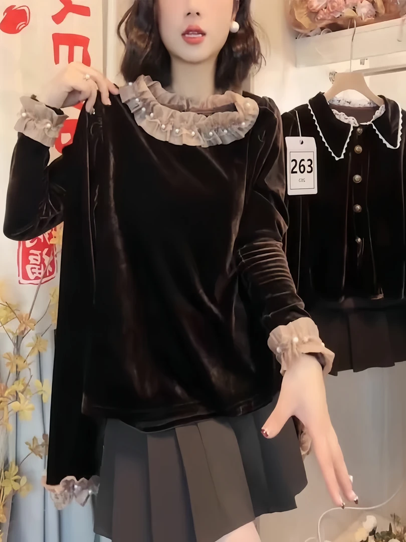 设计感钉珠丝绒打底衫女士秋冬新款高端洋气别致长袖t恤内搭上衣