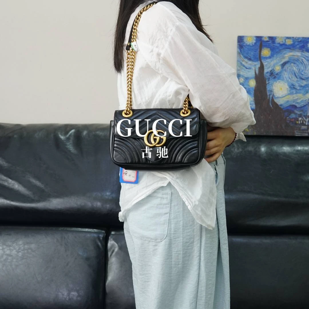 95新 GUCCI/古驰 黑色马蒙单肩包/EE04224108/4108母亲节礼物