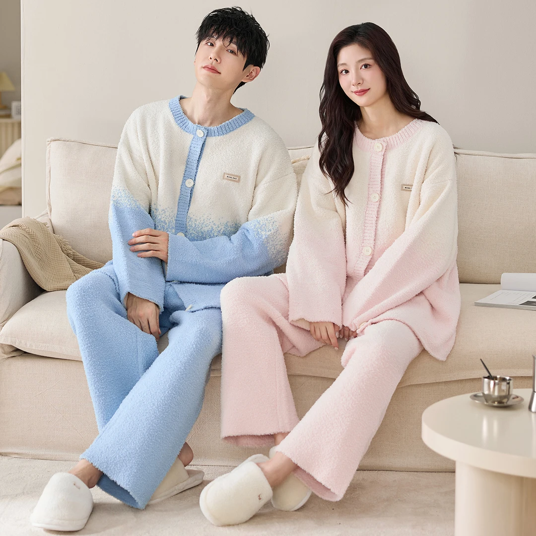 2025冬季半边绒情侣睡衣新款保暖加厚长袖开衫时尚休闲家居服套装