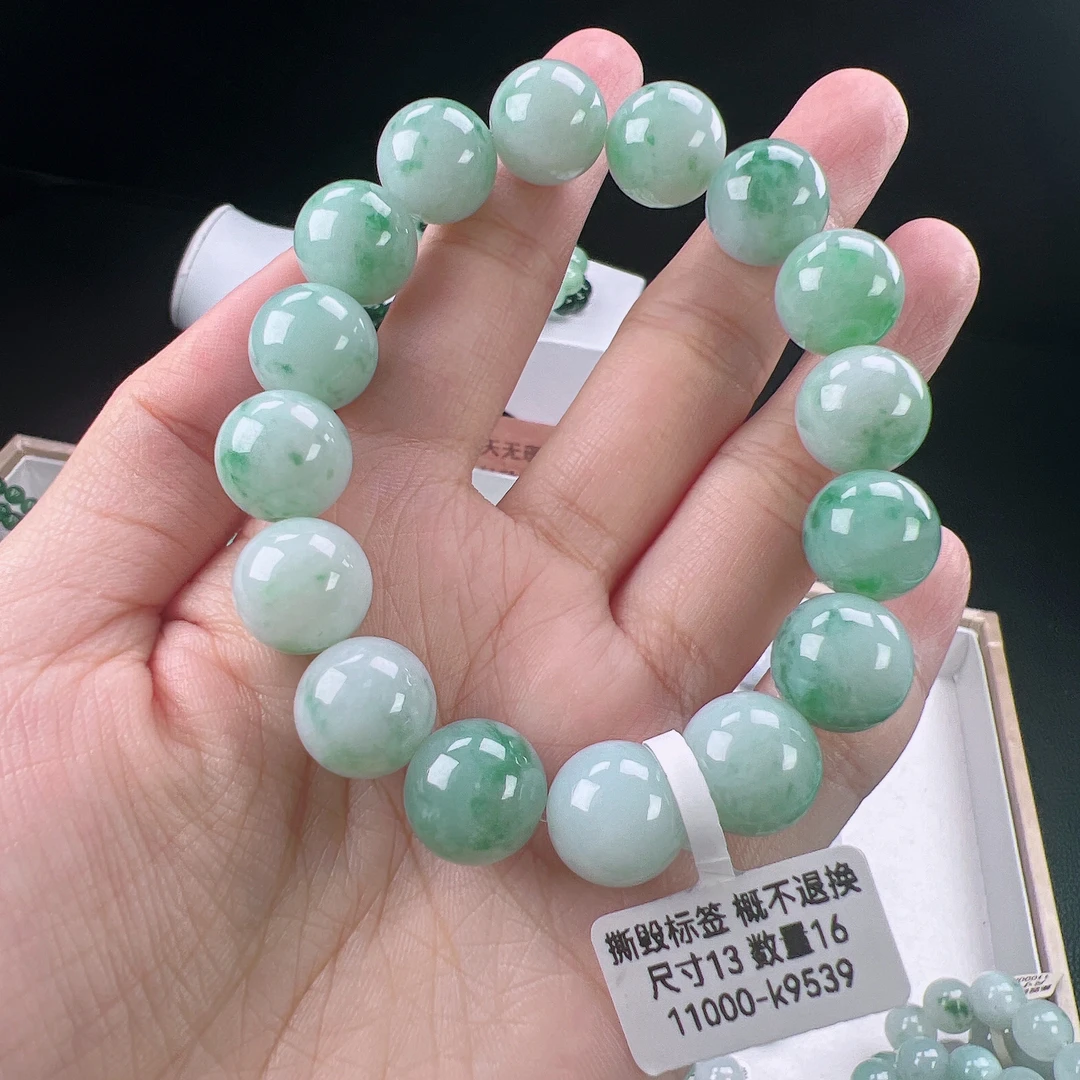 正品缅甸天然翡翠9539飘绿花飘花圆珠手串时尚绿色玉质清新13mm