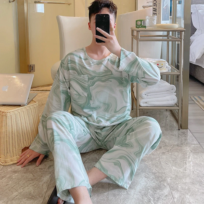 男士睡衣春秋夏季长袖格子款男款青少年可外穿大码棉绸家居服套装