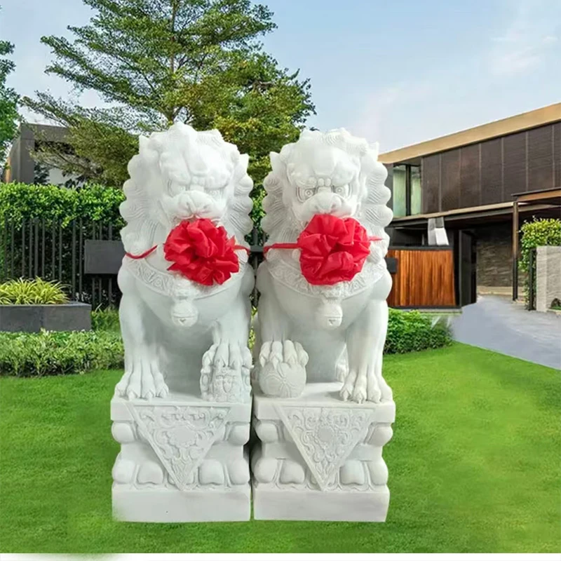 石雕天然汉白玉石狮子一对家用别墅门口摆件