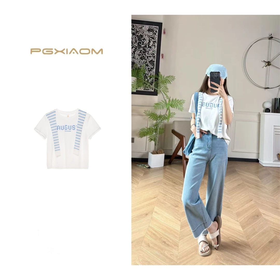 【PGXIAOM】润秀定制黑 白两色字母绣花披肩T恤衫TX9876