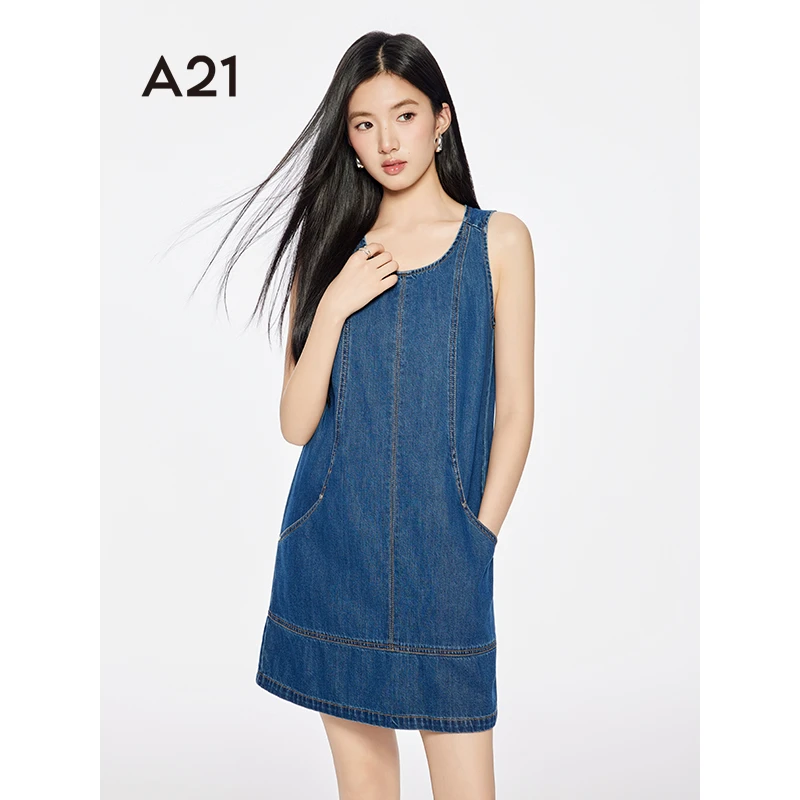 A21女装韩系薄款圆领无袖牛仔连衣裙F452227009