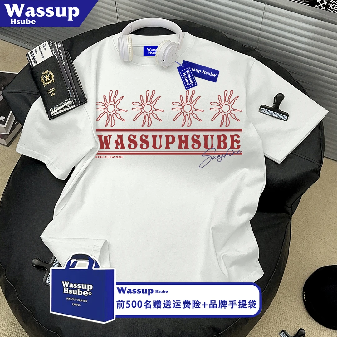 WASSUP HSUBE潮流太阳花字母印花纯棉短袖T恤男女夏季情侣上衣服