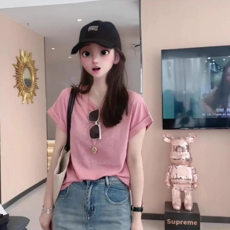 气质短袖女t恤2025新款夏季圆领宽松百搭洋气通勤休闲小飞袖上衣