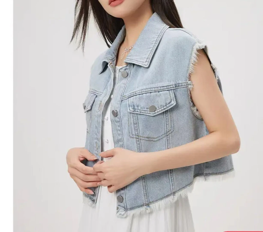 珩绣复古风毛边牛仔马夹女短款无袖外套夹克上衣2025春HH-3002