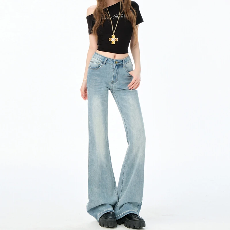 裤长108cm 浅色低腰微喇牛仔裤女秋新美式弹力不贴腿高个喇叭裤