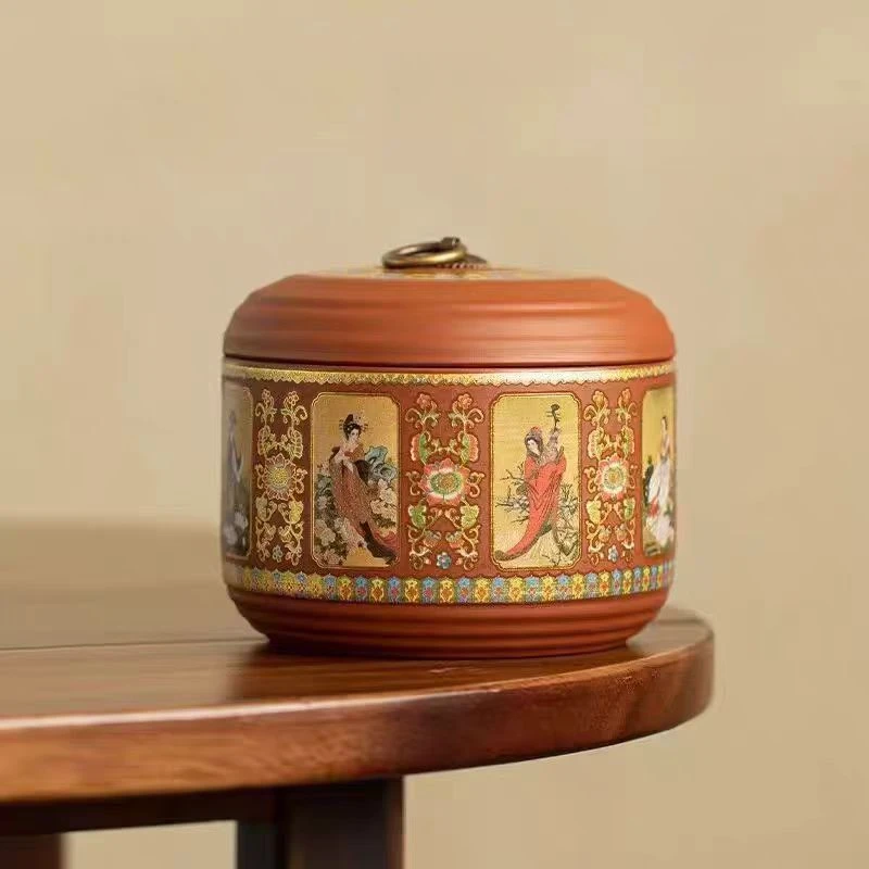 心名茶器 红泥四大美人小圆罐茶叶罐密封罐储物罐-5160