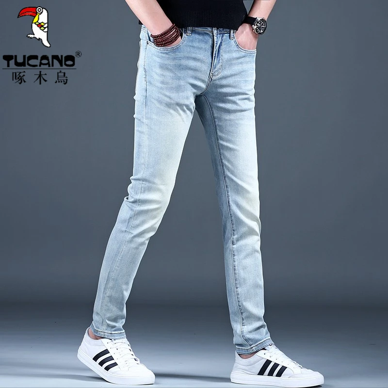 紧身小脚牛仔裤男士2025新款高品质男装春夏修身显瘦浅色长裤子男