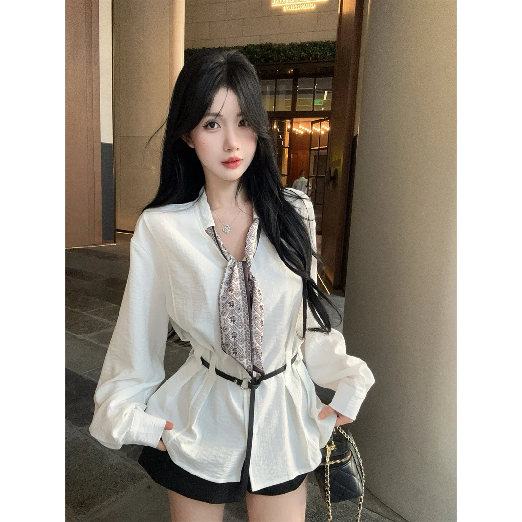 法式翻领丝巾长袖衬衫女春秋复古打底衬衣高级感宽松显瘦气质上衣