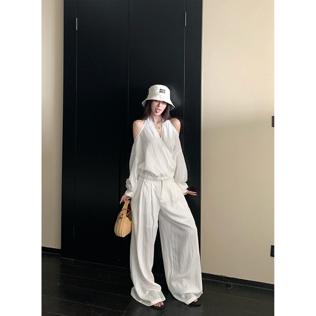 SKKSkk Store 镜头焦点 精纺天丝干爽凉感露肩上衣微喇休闲裤套装